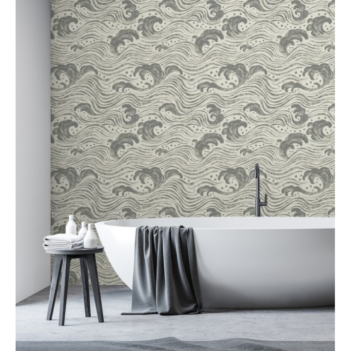 Papel pintado mar de olas rítmicas y espumosas en tonos grises - Kai Oceanic 683970