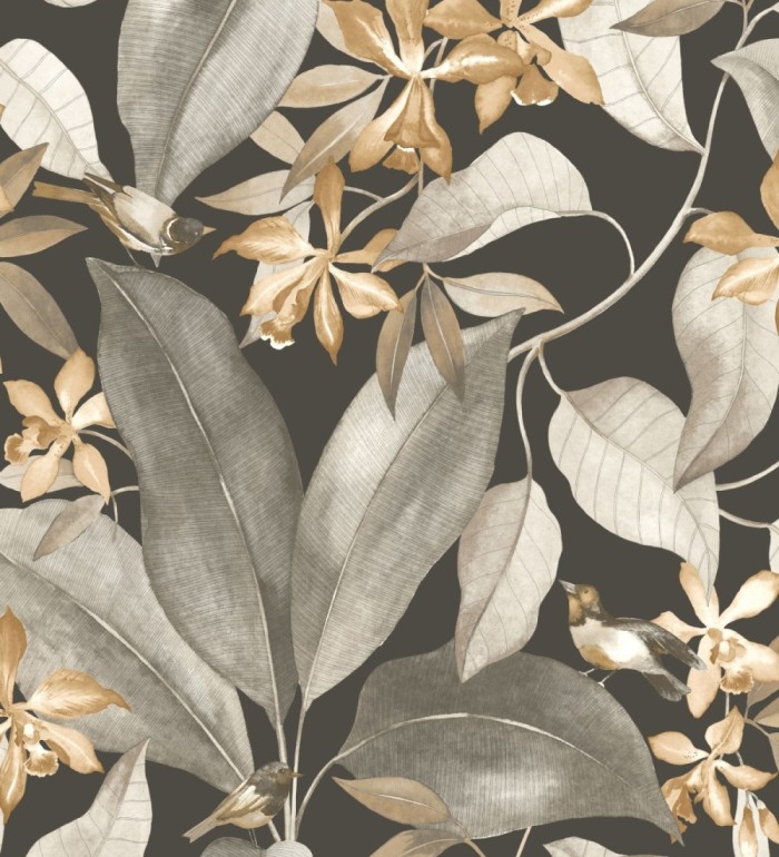 Papel pintado hojas grandes con pájaros - Secret Garden 126401