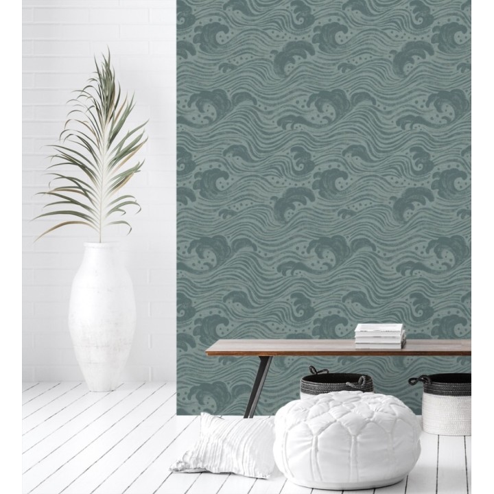 Papel pintado mar de olas rítmicas y espumosas en verde oscuro - Kai Oceanic 683971