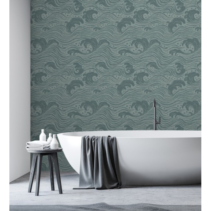 Papel pintado mar de olas rítmicas y espumosas en verde oscuro - Kai Oceanic 683971