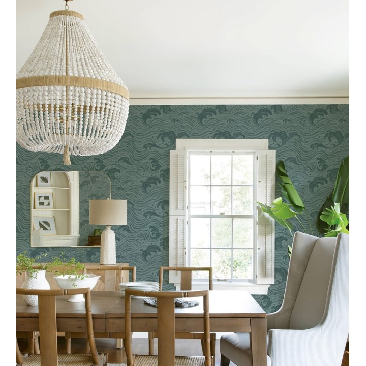 Papel pintado mar de olas rítmicas y espumosas en verde oscuro - Kai Oceanic 683971