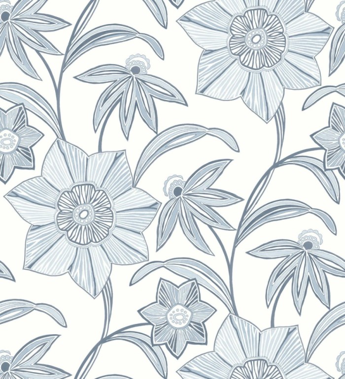 Papel pintado de flores de trazo lírico en azul sereno - Clara Bloom 683972