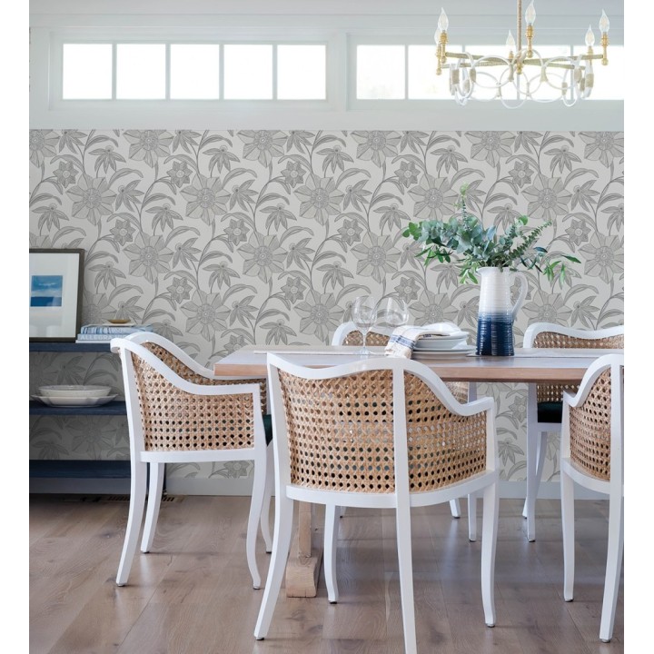 Papel pintado de flores de trazo lírico en gris visón - Clara Bloom 683974