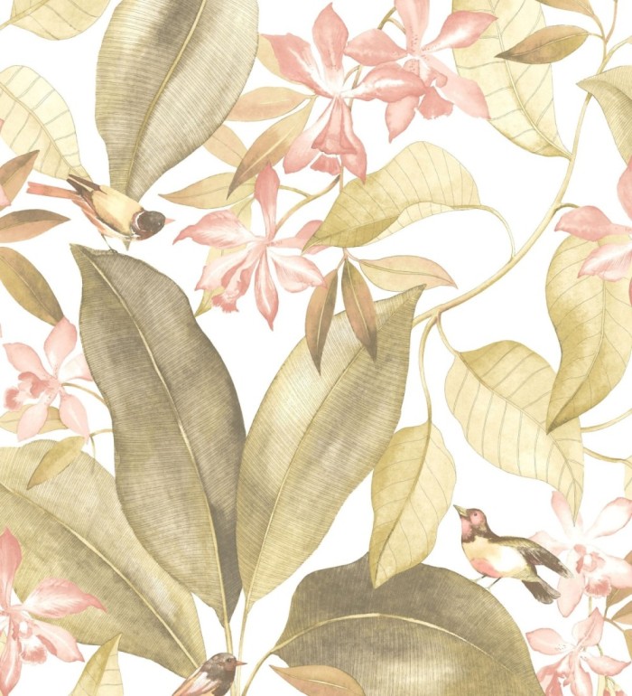 Papel pintado hojas grandes con pájaros - Secret Garden 126402