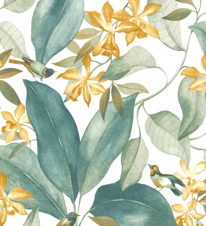 Papel pintado hojas grandes con pájaros - Secret Garden 126403