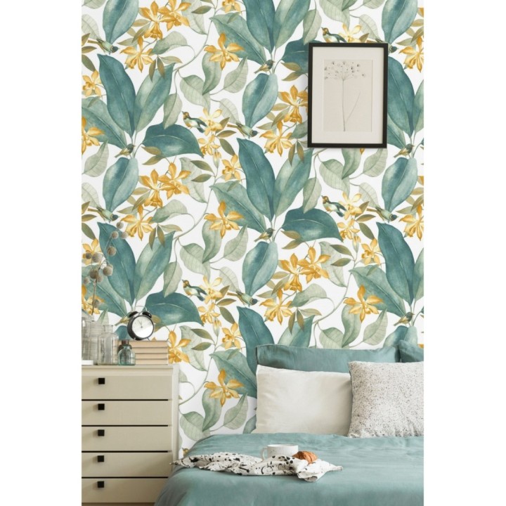 Papel pintado hojas grandes con pájaros - Secret Garden 126403