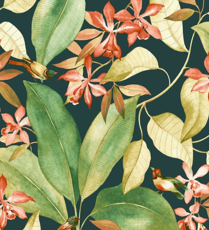 Papel pintado hojas grandes con pájaros - Secret Garden 126404