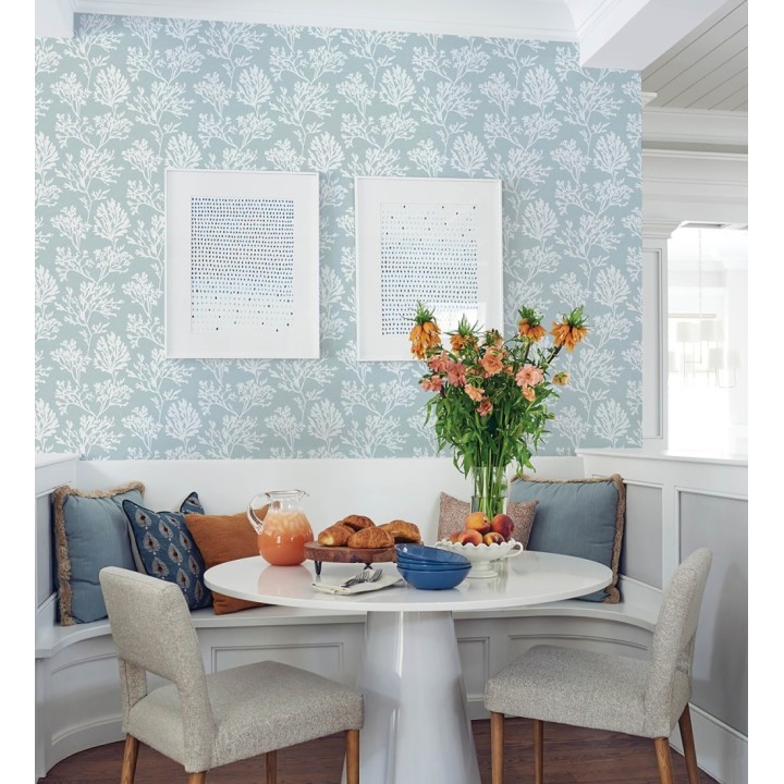 Papel pintado corales blancos dibujados sobre lienzo teñido de azul - Marina Coral 683995