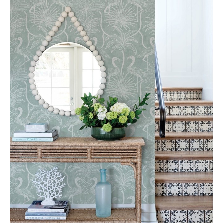 Papel pintado jungla vintage dibujada sobre lino verde agua - Mila Paradise 683996