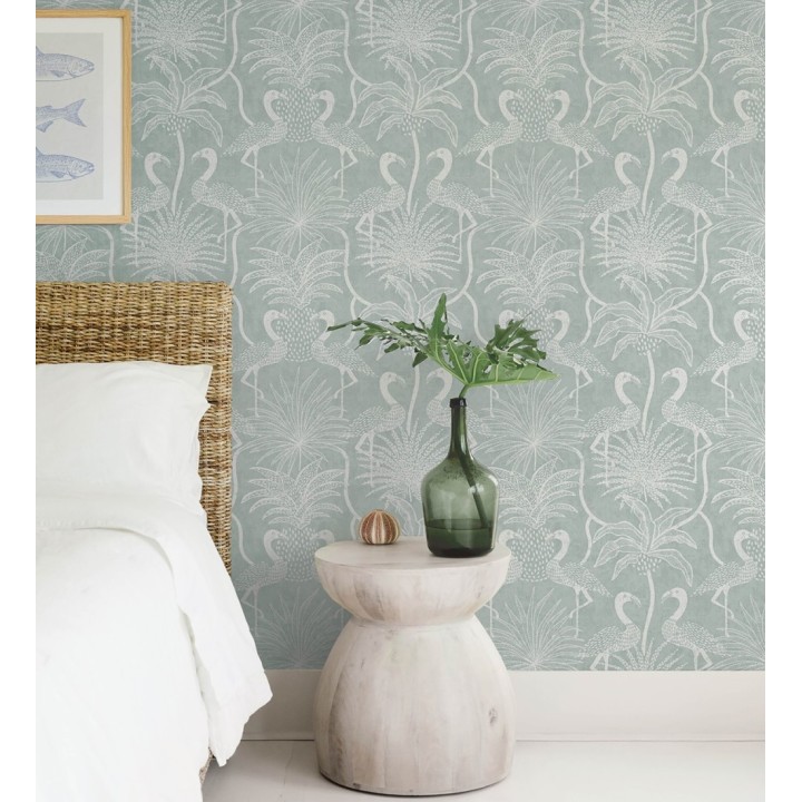 Papel pintado jungla vintage dibujada sobre lino verde agua - Mila Paradise 683996