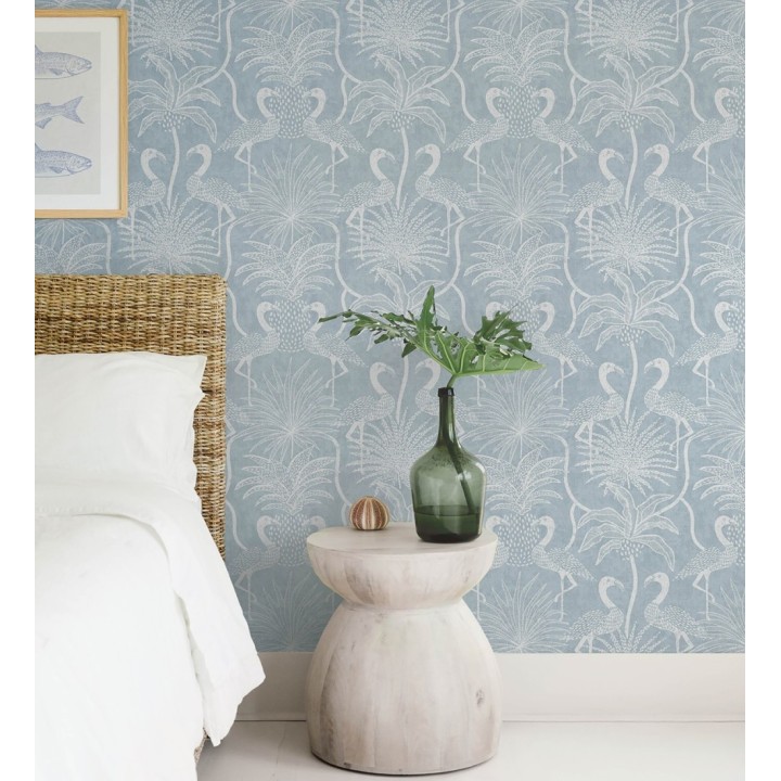 Papel pintado jungla vintage dibujada sobre lino azul cielo - Mila Paradise 683997