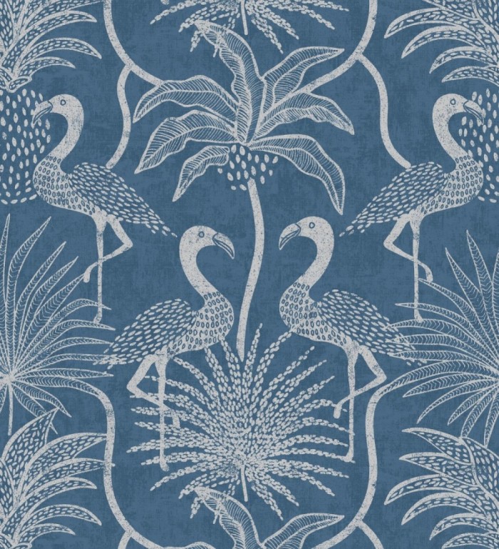 Papel pintado jungla vintage dibujada sobre lino azul indigo - Mila Paradise 683998
