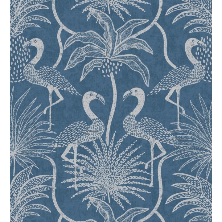 Papel pintado jungla vintage dibujada sobre lino azul indigo - Mila Paradise 683998