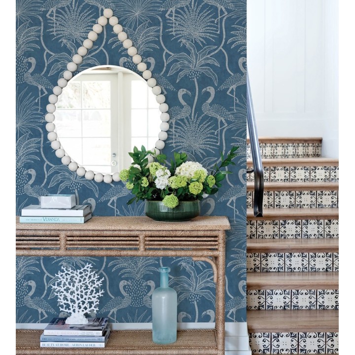 Papel pintado jungla vintage dibujada sobre lino azul indigo - Mila Paradise 683998