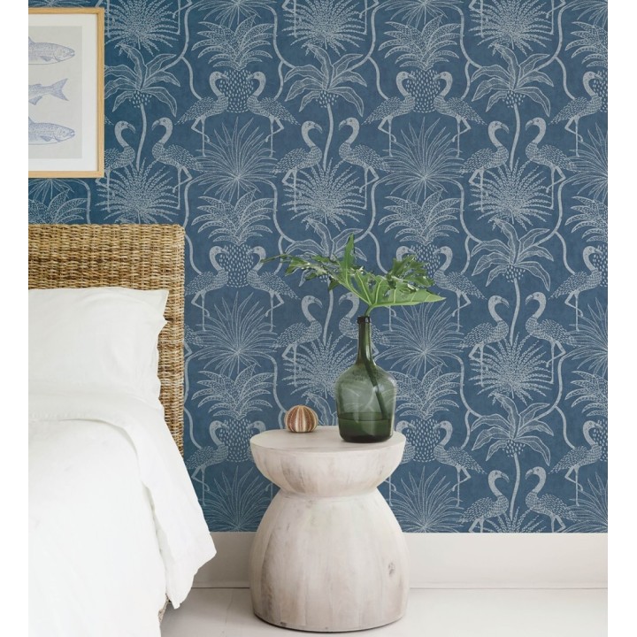 Papel pintado jungla vintage dibujada sobre lino azul indigo - Mila Paradise 683998