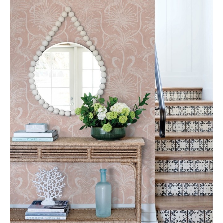 Papel pintado jungla vintage dibujada sobre lino rosa coral claro - Mila Paradise 683999