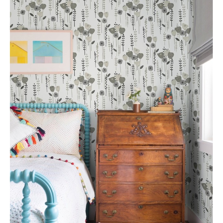 Papel pintado ramilletes de flores tonos grises - Freya Meadow 684015