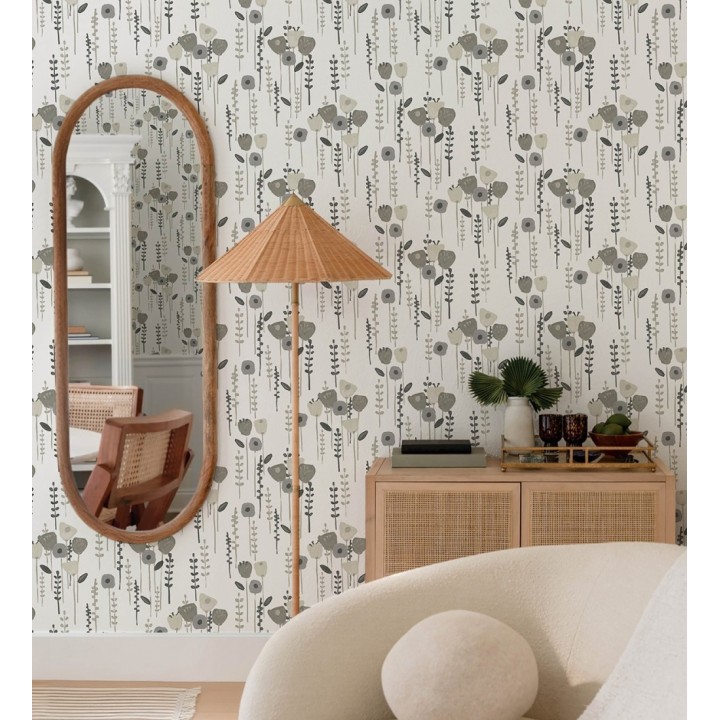 Papel pintado ramilletes de flores tonos grises - Freya Meadow 684015