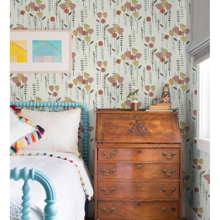 Papel pintado ramilletes de flores tonos rosas ocres y rojos - Freya Meadow 684016