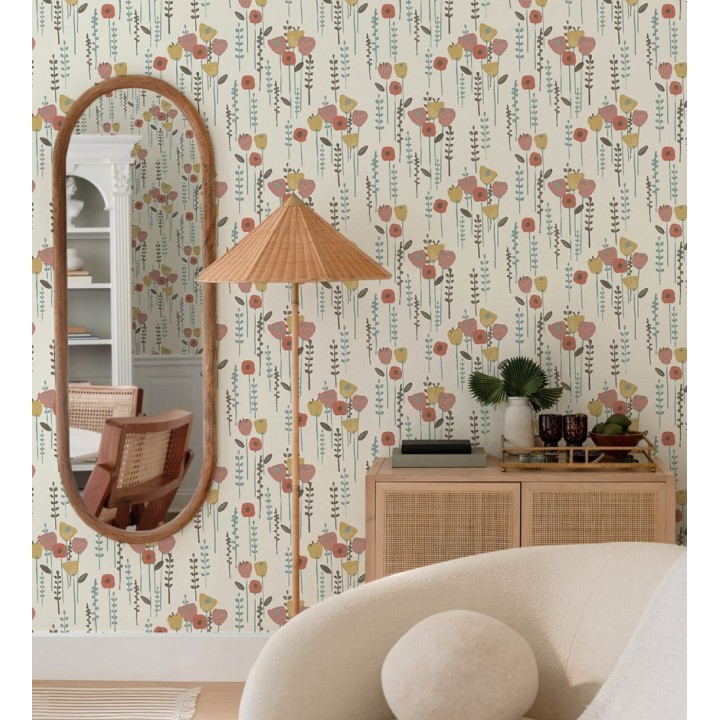 Papel pintado ramilletes de flores tonos rosas ocres y rojos - Freya Meadow 684016