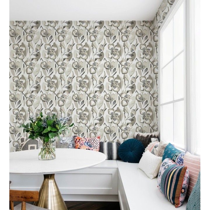 Papel pintado mosaico floral geométrico en tonos grises y neutros - Maya Creative 684018