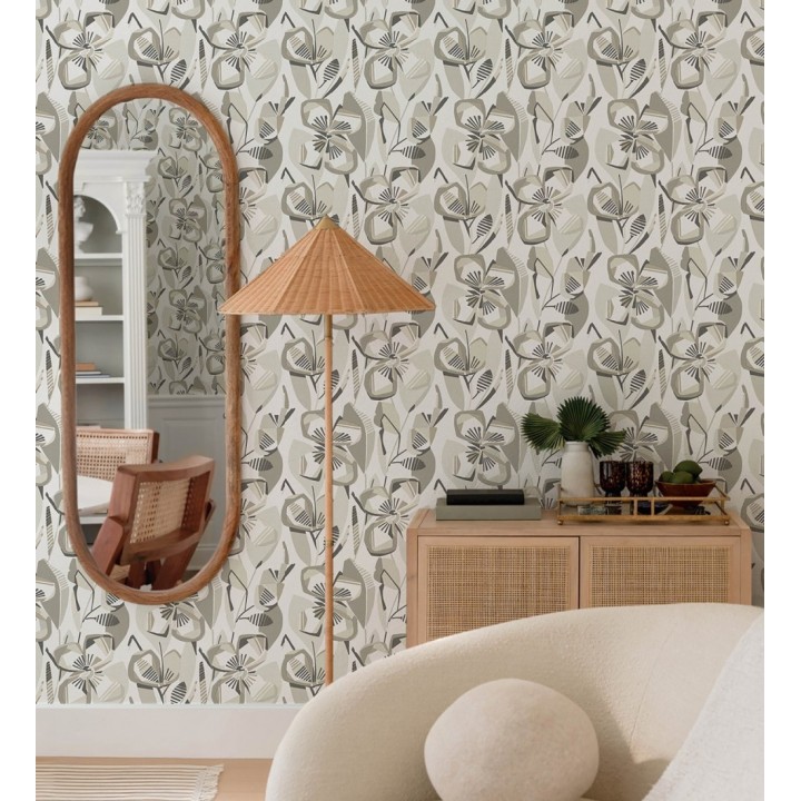 Papel pintado mosaico floral geométrico en tonos grises y neutros - Maya Creative 684018