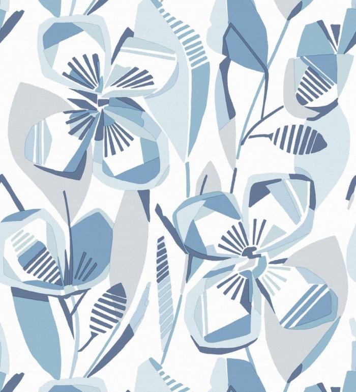Papel pintado mosaico floral geométrico azul y gris - Maya Creative 684019