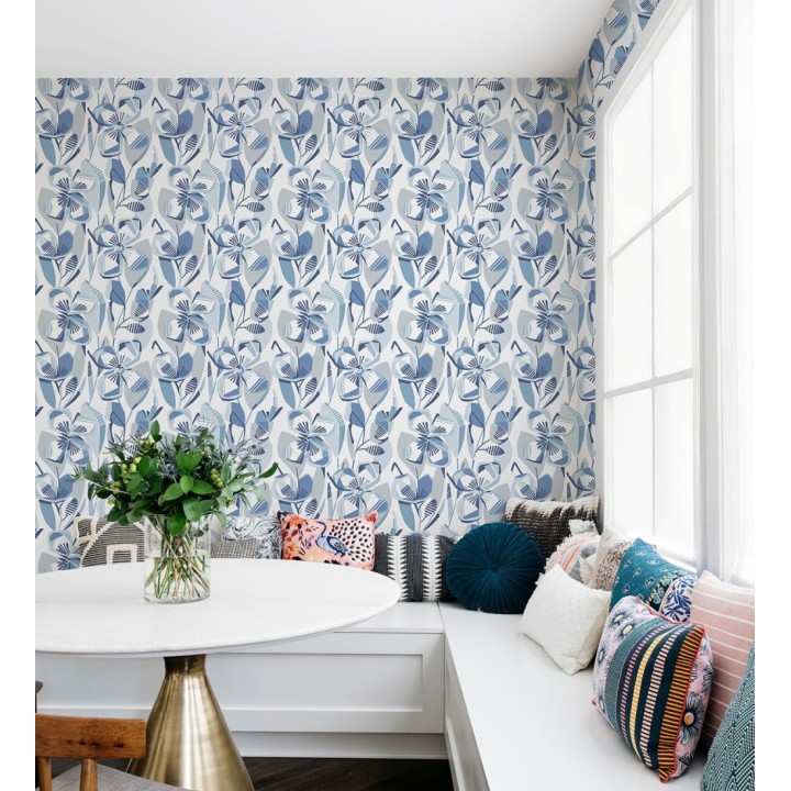 Papel pintado mosaico floral geométrico azul y gris - Maya Creative 684019