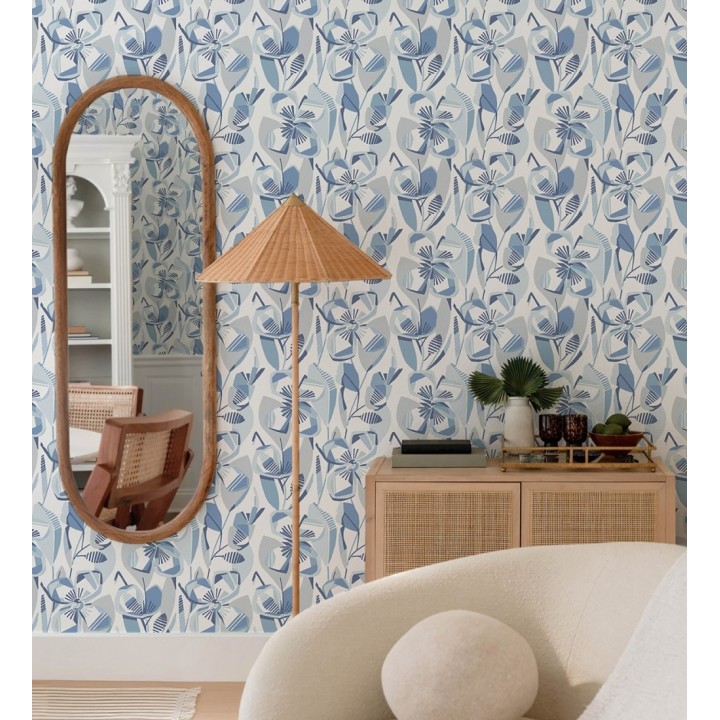 Papel pintado mosaico floral geométrico azul y gris - Maya Creative 684019