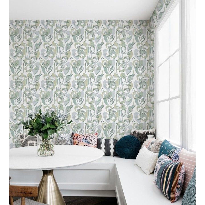 Papel pintado mosaico floral geométrico tonos verdes - Maya Creative 684020