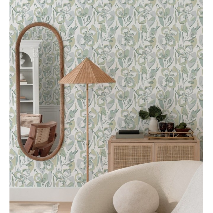 Papel pintado mosaico floral geométrico tonos verdes - Maya Creative 684020