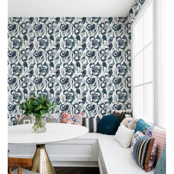 Papel pintado mosaico floral geométrico verde y azul - Maya Creative 684021