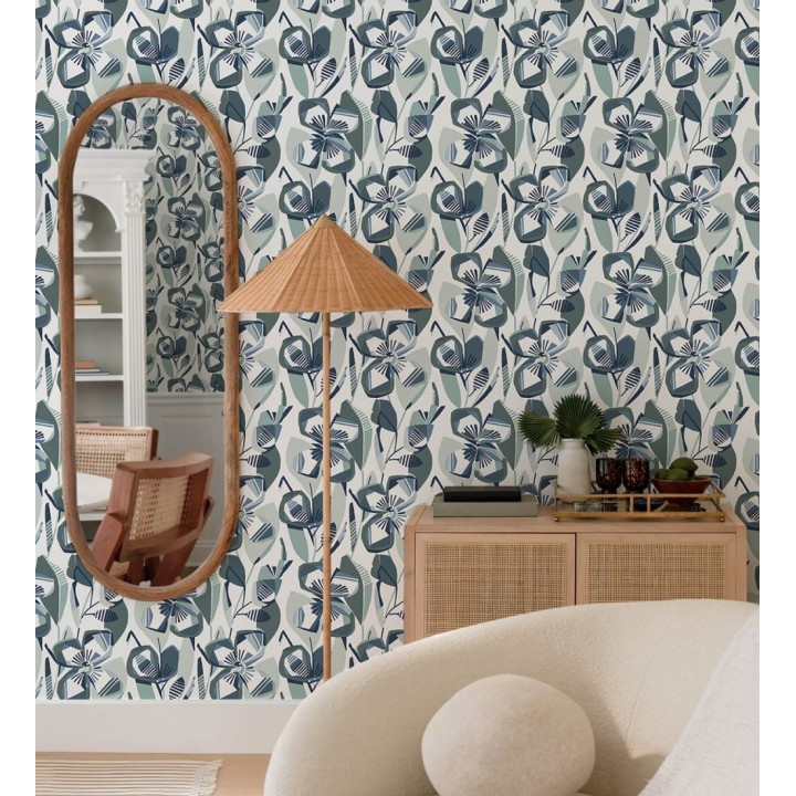 Papel pintado mosaico floral geométrico verde y azul - Maya Creative 684021