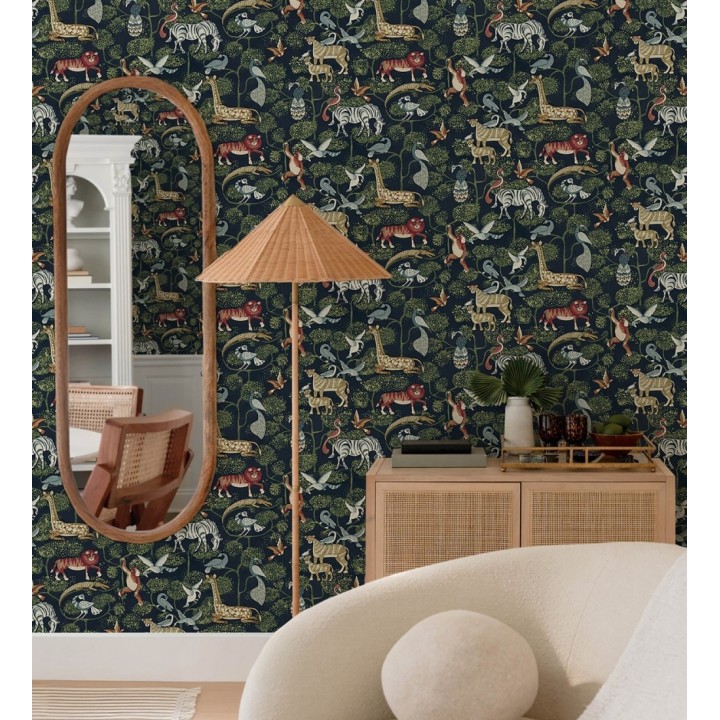 Papel pintado bestiario ilustrado en una selva de ensueño - Mowgli Wild 684023