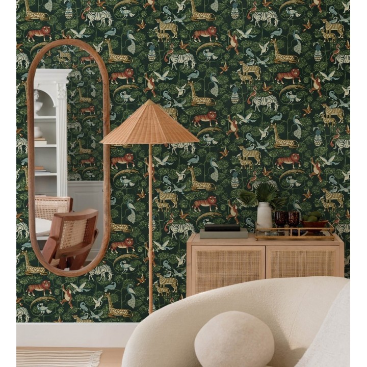 Papel pintado bestiario ilustrado en una selva de ensueño - Mowgli Wild 684024