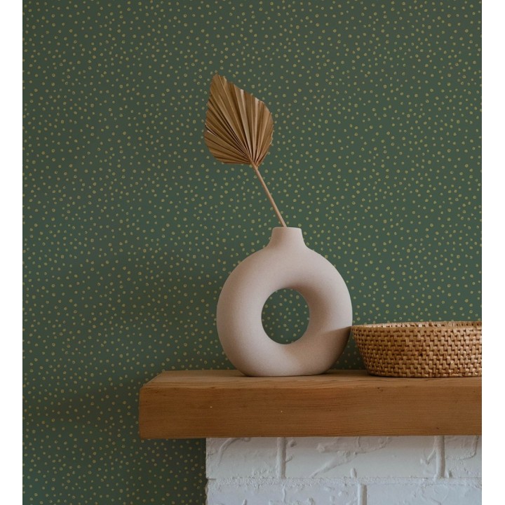 Papel pintado de motas de pintura oro fondo verde oscuro - Pia Polka 684042
