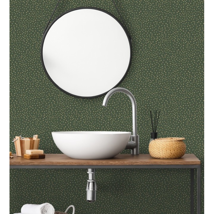 Papel pintado de motas de pintura oro fondo verde oscuro - Pia Polka 684042