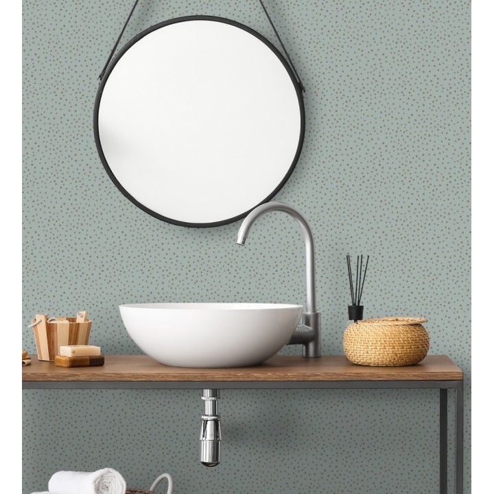 Papel pintado de motas de pintura cobriza fondo cian grisáceo - Pia Polka 684043