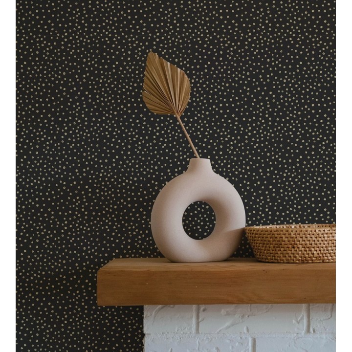 Papel pintado de motas de pintura oro fondo negro - Pia Polka 684044