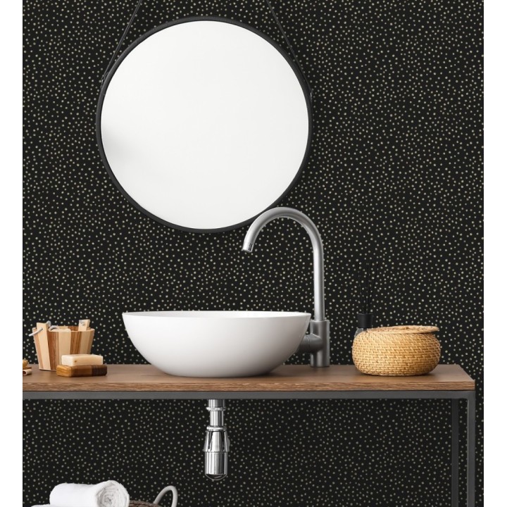 Papel pintado de motas de pintura oro fondo negro - Pia Polka 684044
