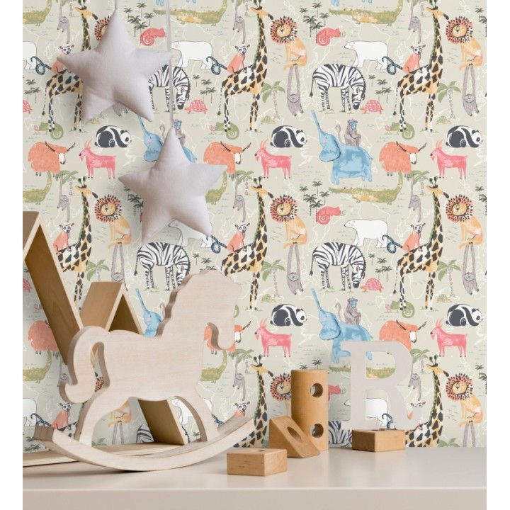 Papel pintado de jirafas elefantes leones osos panda cameleones cocodrilos - Enzo Zoo 684046