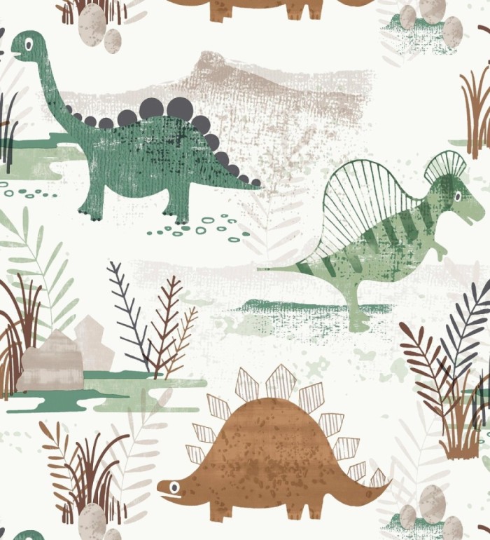 Papel pintado de dinosaurios pintados con acuarela tonos verdes y tierra - Dylan Jurassic 684050