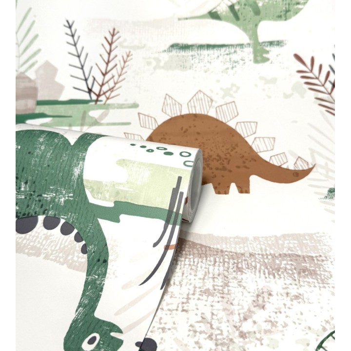 Papel pintado de dinosaurios pintados con acuarela tonos verdes y tierra - Dylan Jurassic 684050