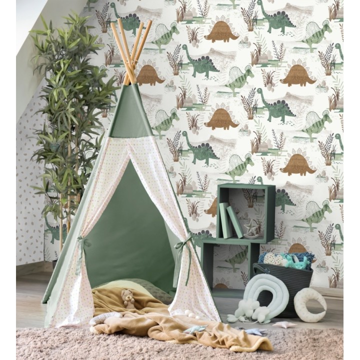 Papel pintado de dinosaurios pintados con acuarela tonos verdes y tierra - Dylan Jurassic 684050
