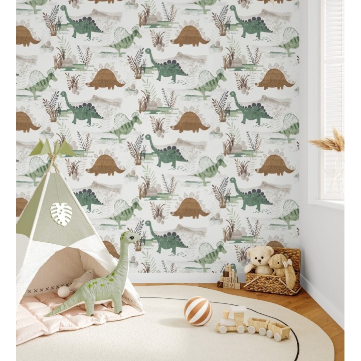 Papel pintado de dinosaurios pintados con acuarela tonos verdes y tierra - Dylan Jurassic 684050