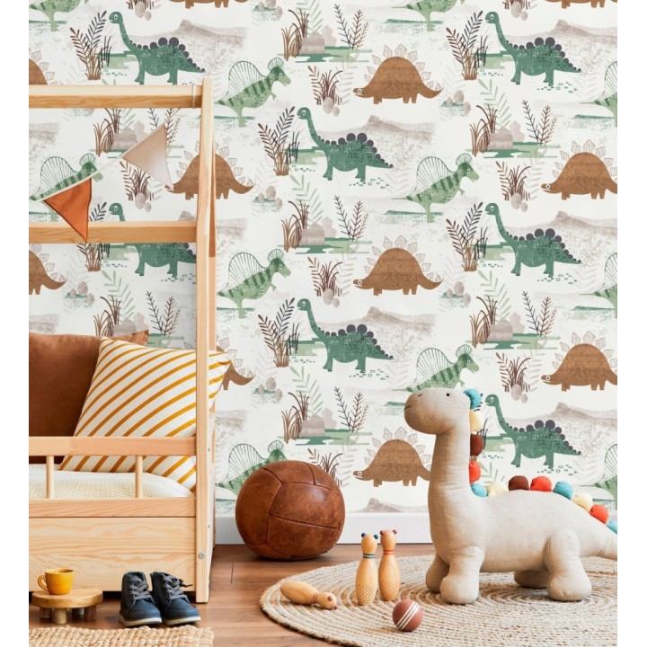 Papel pintado de dinosaurios pintados con acuarela tonos verdes y tierra - Dylan Jurassic 684050