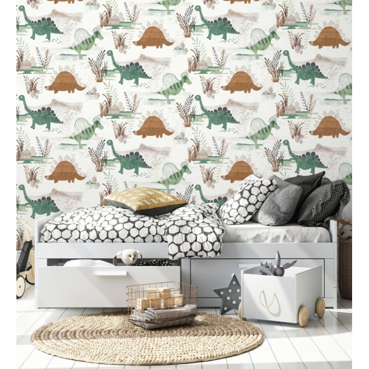 Papel pintado de dinosaurios pintados con acuarela tonos verdes y tierra - Dylan Jurassic 684050