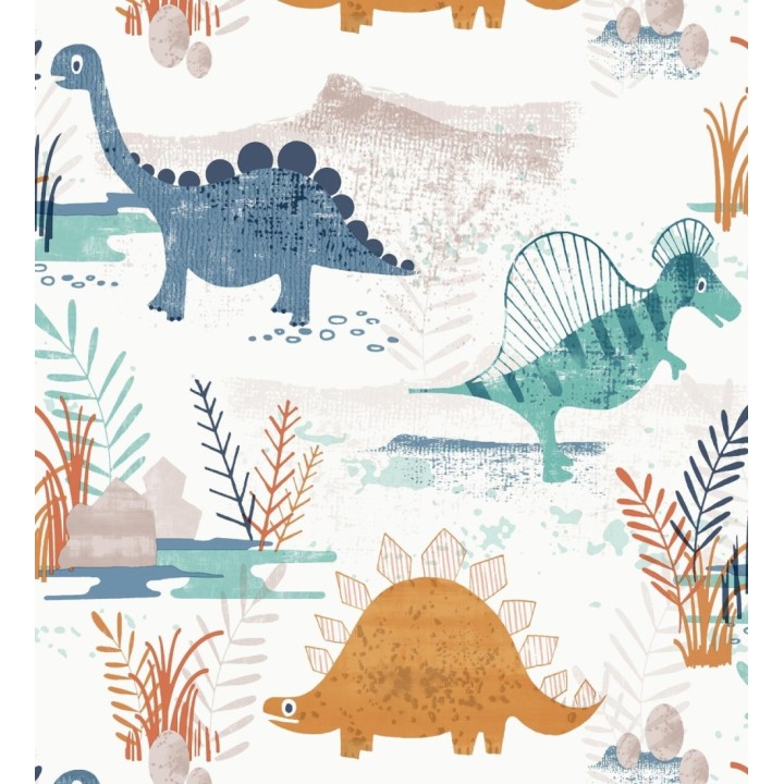 Papel pintado de dinosaurios pintados con acuarela tonos azules verdes y ocre - Dylan Jurassic 684051