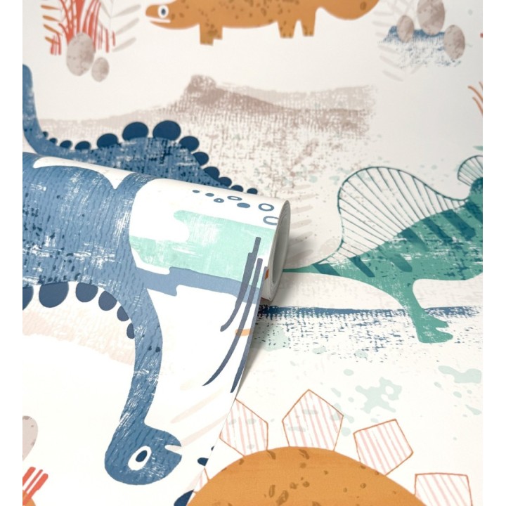 Papel pintado de dinosaurios pintados con acuarela tonos azules verdes y ocre - Dylan Jurassic 684051