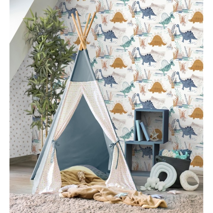 Papel pintado de dinosaurios pintados con acuarela tonos azules verdes y ocre - Dylan Jurassic 684051